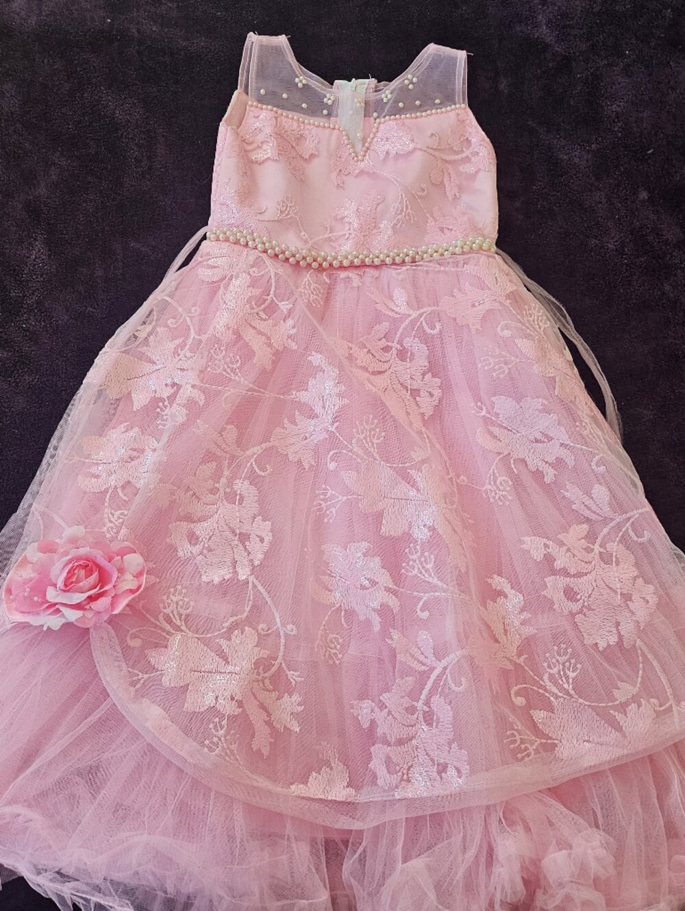 Pink Floral Tulle Party Dress with Pearl Waist